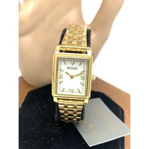 Bulova Women's Watch 97L177 Sutton Quartz Mother of Pearl Dial Gold Tone Tank - Picture 1 of 14